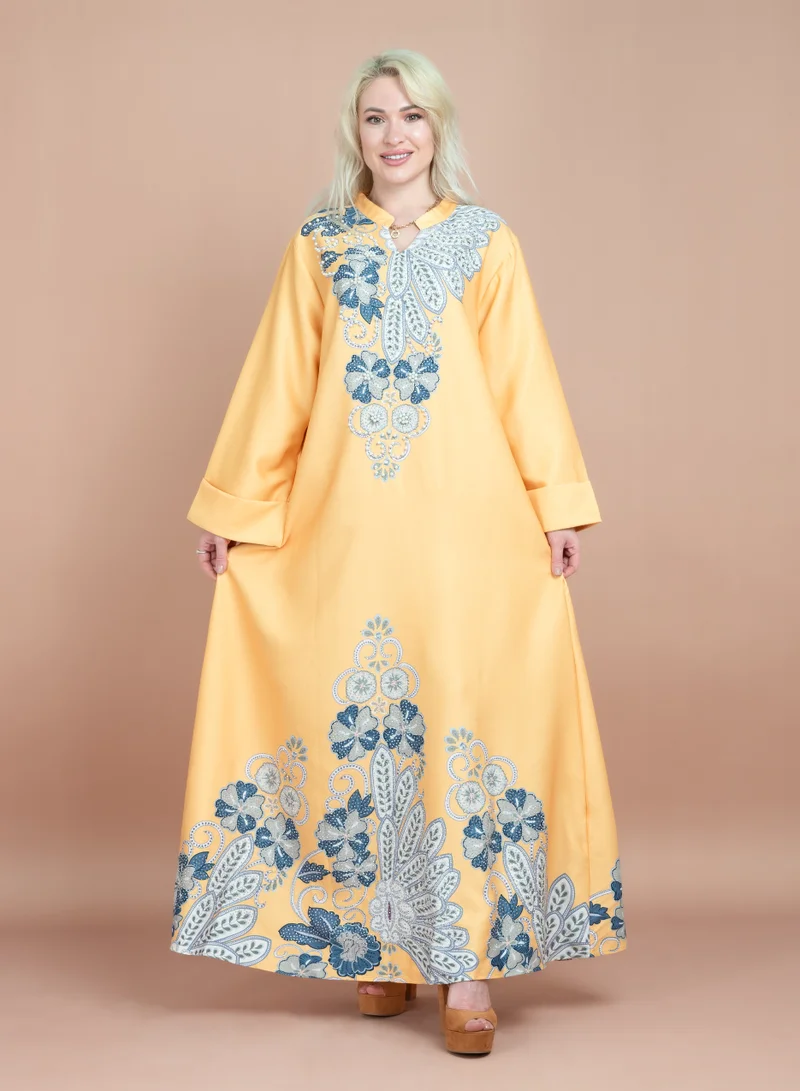 IKKXA Modern Embelished Printed Jalabiya CJ1067 Yellow