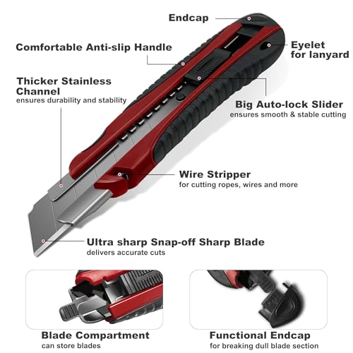HAUTMEC 25mm Utility Knife Set, Heavy Duty Auto-Lock, Retractable Box Cutter, Wire Stripper Design, with extra 10pcs Ultra sharp Snap-off Sharp Blades HT0205-KN - Image 2