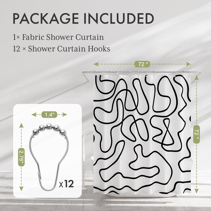 AmazerBath Shower Curtain, Washable Cloth Black and White Shower Curtain Sets with 12 Metal Shower Curtain Hooks, Rustic Abstract Black Lines Art Fabric Shower Curtains for Bathroom Decor, 72x72 Inch - Image 2