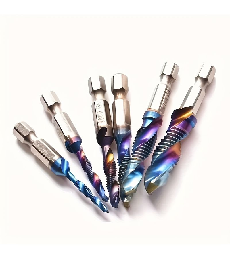 Titanium Coated Hexagonal Shank Tap Set 6 Piece Blue Long Style Metal Threading Tool - Image 5