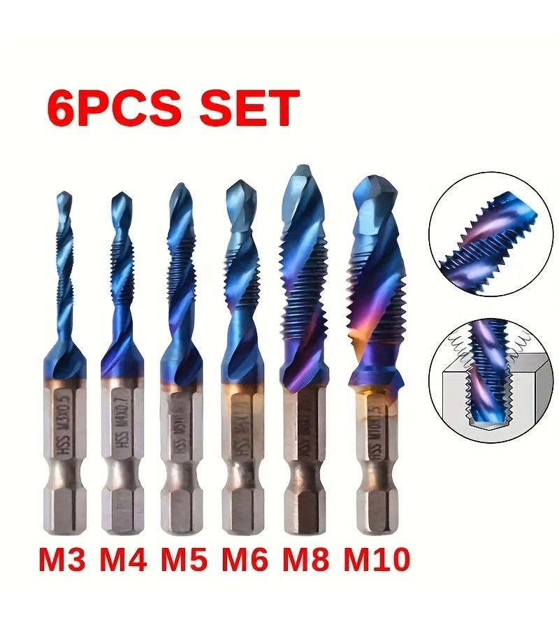 Titanium Coated Hexagonal Shank Tap Set 6 Piece Blue Long Style Metal Threading Tool - Image 3