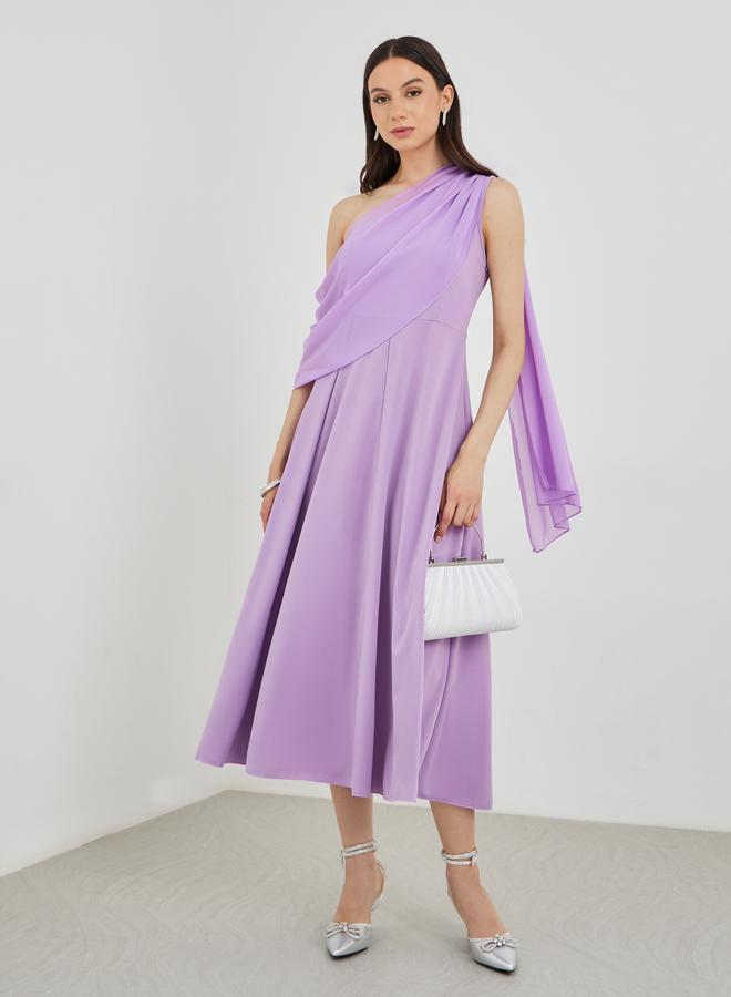 Take Two Solid One Shoulder Detail A-Line Midi Dress - Image 2