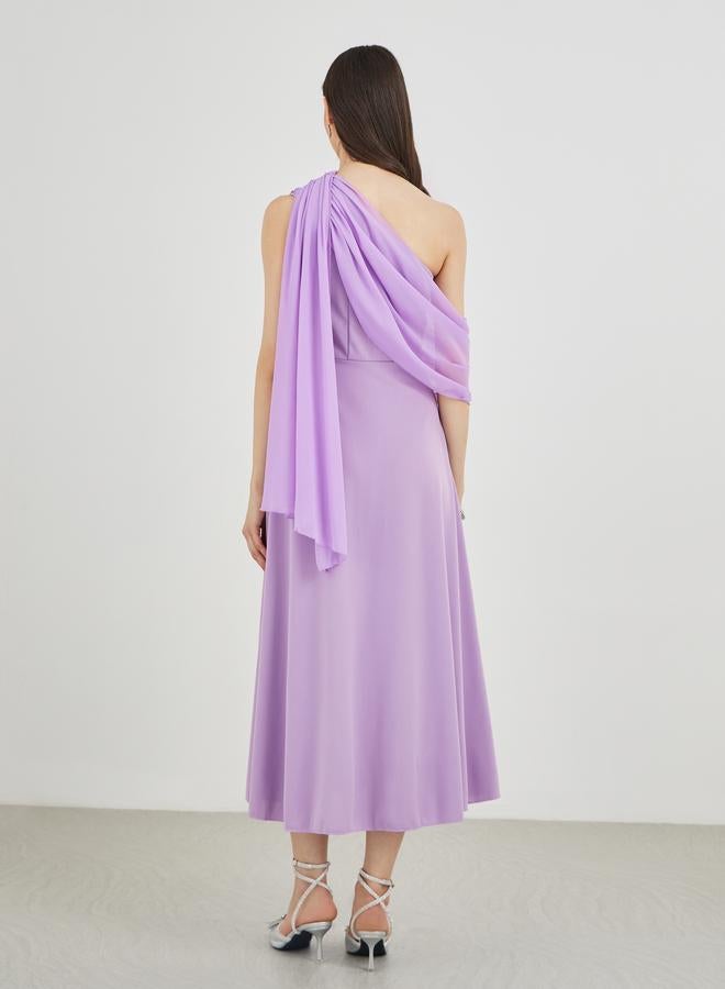 Take Two Solid One Shoulder Detail A-Line Midi Dress - Image 5