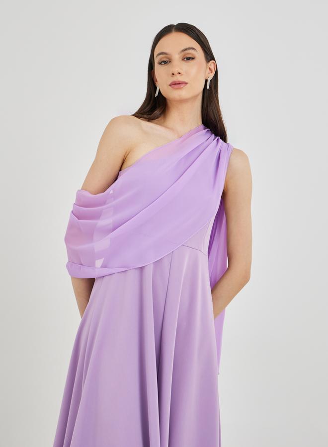 Take Two Solid One Shoulder Detail A-Line Midi Dress - Image 3