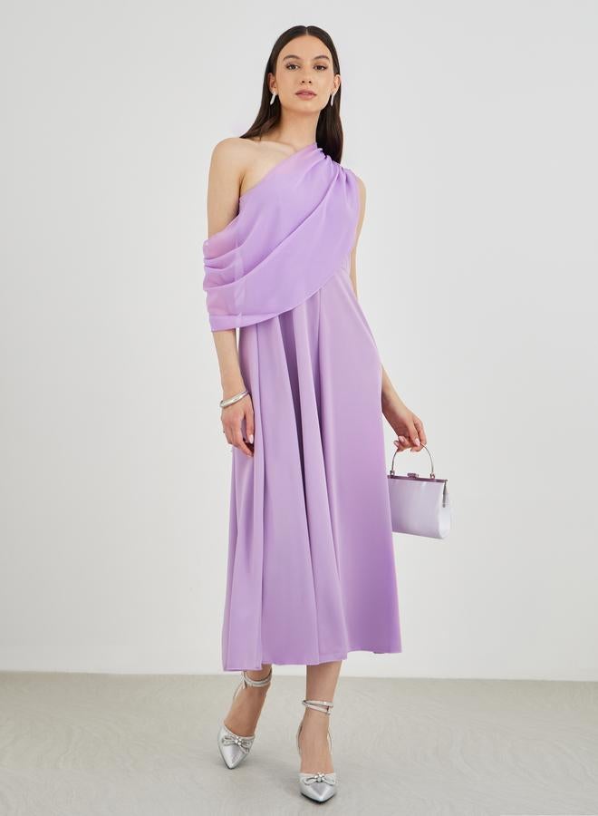 Take Two Solid One Shoulder Detail A-Line Midi Dress - Image 1