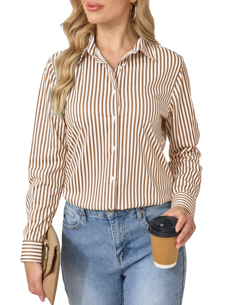 COUXILY Striped Button Down Shirts Business Casual Outfits for Women Dress Long Sleeve Silk Shirt Formal Blouses Collared Office Work Dressy Up Tops Blouse Wrinkle Free Brown and White Size M - Image 2