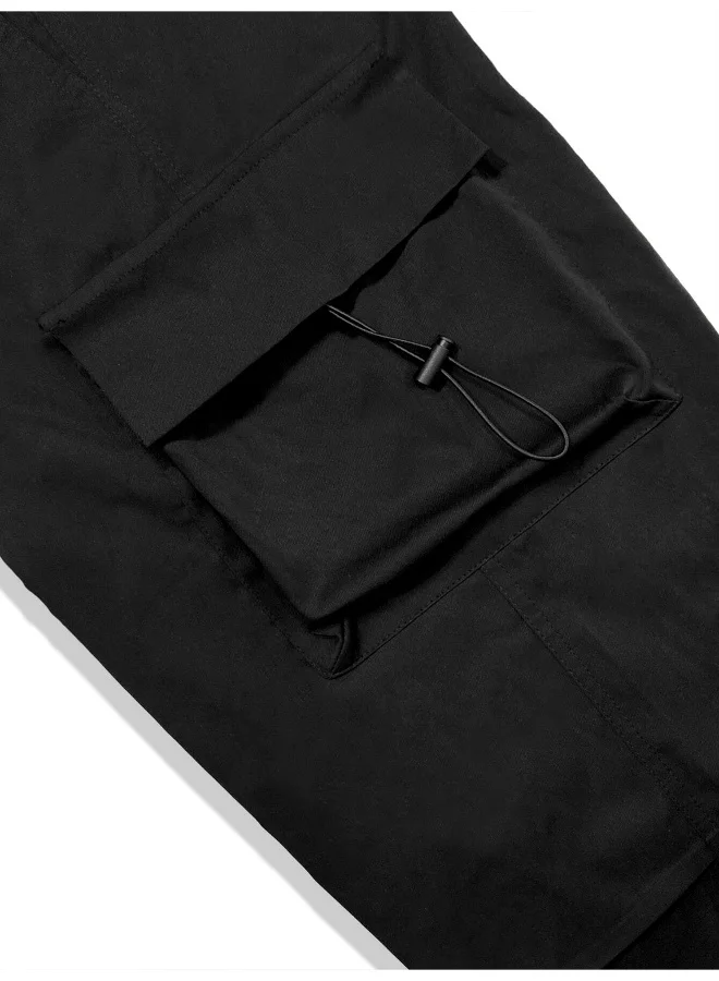 مانياك Mens Solid Side Pockets Black Nylon fabric Baggy fit Cargo Pant