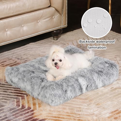 Bedfolks Waterproof Crate Bed Plush Dog Cat Bed with Removable Washable Cover Faux Fur Kennel Pad 23x18 Dark Grey - Image 3