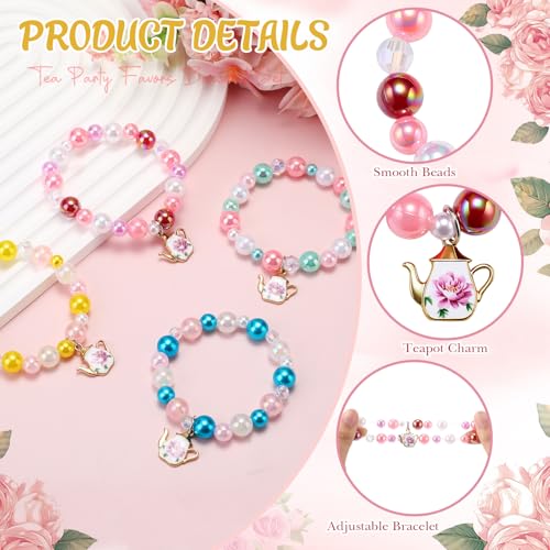 Misdary 24 Set Tea Party Favor Tea Bracelets for Girls Include Mini Flower Teapot Beaded Bracelet Thank You Cards Transparent Bags Gifts Teaparty Accessories for Kids Spring Birthday Decorations - Image 5