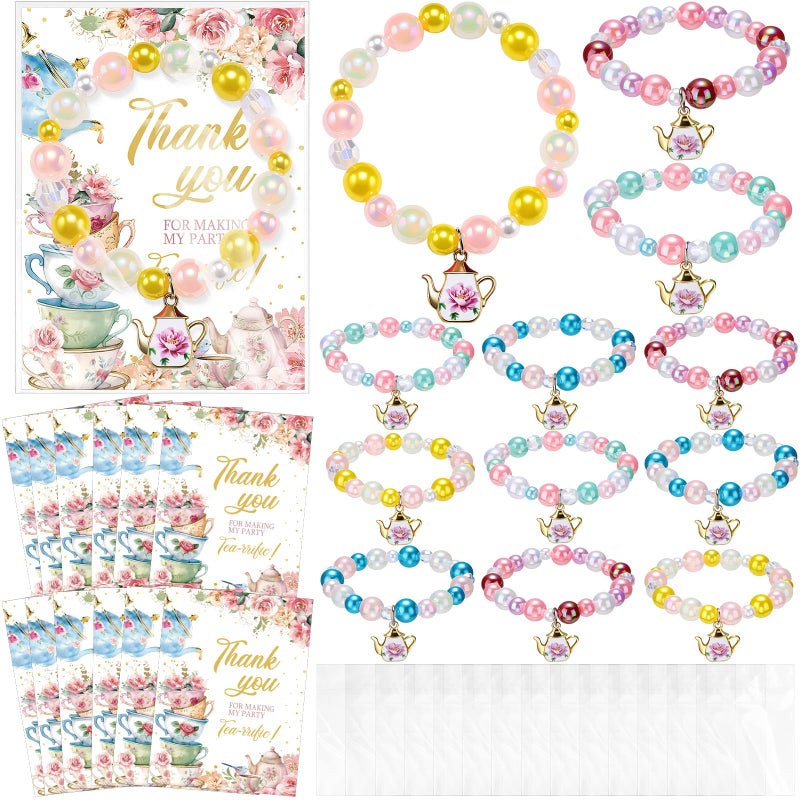 Misdary 24 Set Tea Party Favor Tea Bracelets for Girls Include Mini Flower Teapot Beaded Bracelet Thank You Cards Transparent Bags Gifts Teaparty Accessories for Kids Spring Birthday Decorations - Image 3
