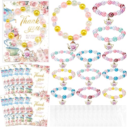 Misdary 24 Set Tea Party Favor Tea Bracelets for Girls Include Mini Flower Teapot Beaded Bracelet Thank You Cards Transparent Bags Gifts Teaparty Accessories for Kids Spring Birthday Decorations - Image 1