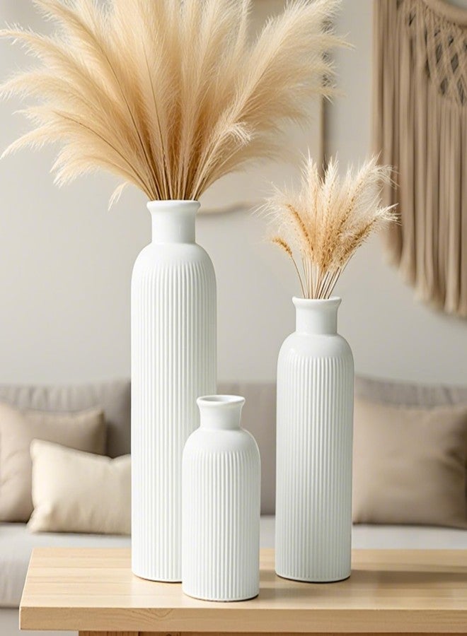 vaurcesa Modern Ceramic Vase Set, White Ribbed Matte Design, 3-Piece Decorative Vases for Home, Living Room, Office (White) - Image 2