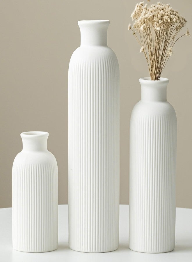 vaurcesa Modern Ceramic Vase Set, White Ribbed Matte Design, 3-Piece Decorative Vases for Home, Living Room, Office (White) - Image 1