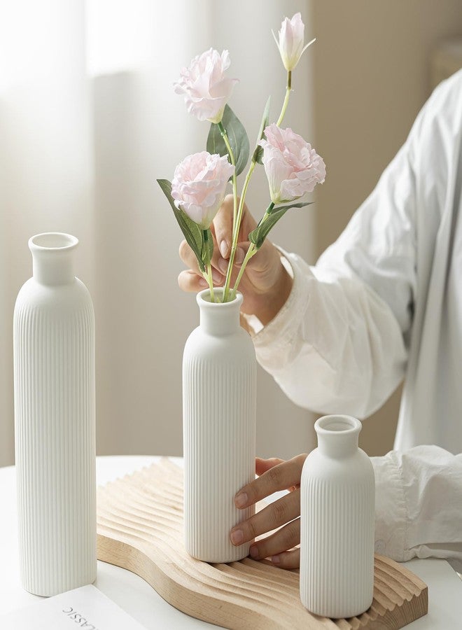 vaurcesa Modern Ceramic Vase Set, White Ribbed Matte Design, 3-Piece Decorative Vases for Home, Living Room, Office (White) - Image 5