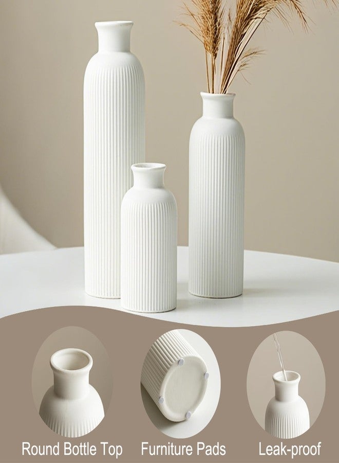 vaurcesa Modern Ceramic Vase Set, White Ribbed Matte Design, 3-Piece Decorative Vases for Home, Living Room, Office (White) - Image 3