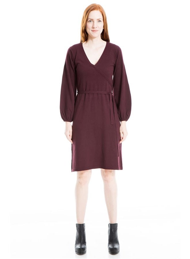 Women's Puff Sleeve Faux Wrap Sweater Dress, Wine, XL