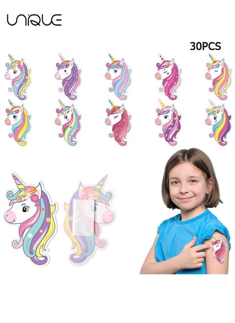 30Pcs Cartoon Bandage Strip Bandage, PE Material Hemostatic Waterproof Adhesive Bandage Strip Combo Pack, 10 Styles of Unicorn Kids Bandages，Home First Aid Bandages