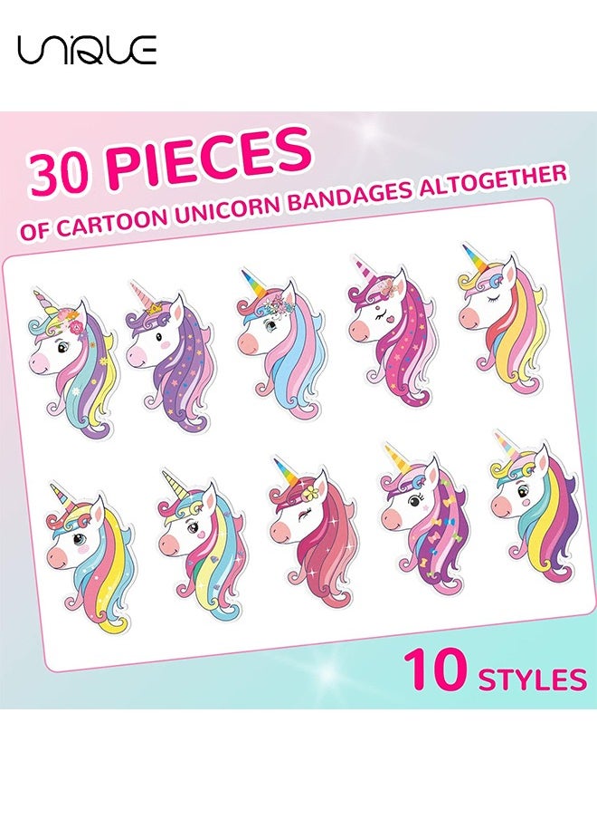 30Pcs Cartoon Bandage Strip Bandage, PE Material Hemostatic Waterproof Adhesive Bandage Strip Combo Pack, 10 Styles of Unicorn Kids Bandages，Home First Aid Bandages