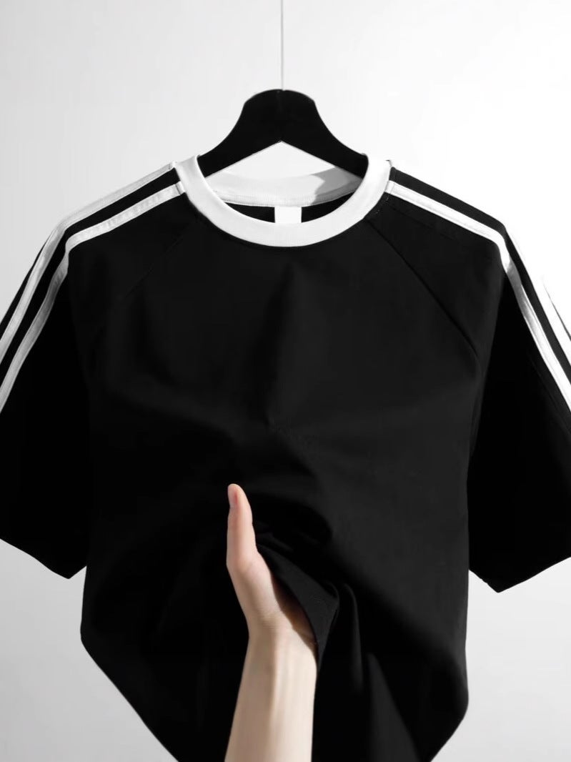 Solid Color All-Match Short-Sleeved T-Shirt Men'S Summer Instagram Popular Brand Classic Three-Bar Raglan Sleeve Loose Casual Couple'S T-Shirt - Image 2
