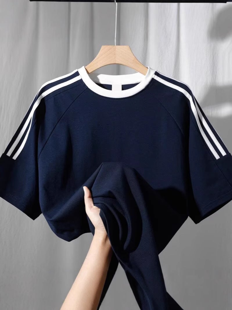 Solid Color All-Match Short-Sleeved T-Shirt Men'S Summer Instagram Popular Brand Classic Three-Bar Raglan Sleeve Loose Casual Couple'S T-Shirt - Image 3