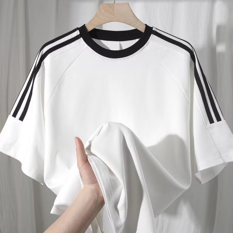 Solid Color All-Match Short-Sleeved T-Shirt Men'S Summer Instagram Popular Brand Classic Three-Bar Raglan Sleeve Loose Casual Couple'S T-Shirt - Image 1