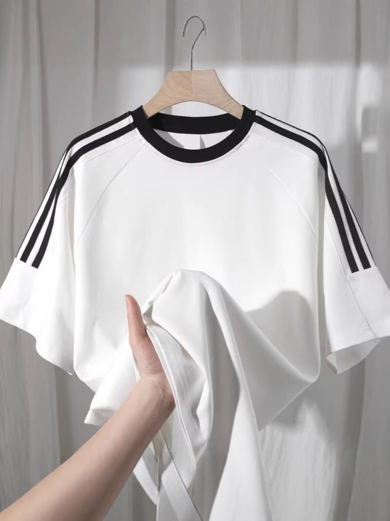 Solid Color All-Match Short-Sleeved T-Shirt Men'S Summer Instagram Popular Brand Classic Three-Bar Raglan Sleeve Loose Casual Couple'S T-Shirt - Image 4