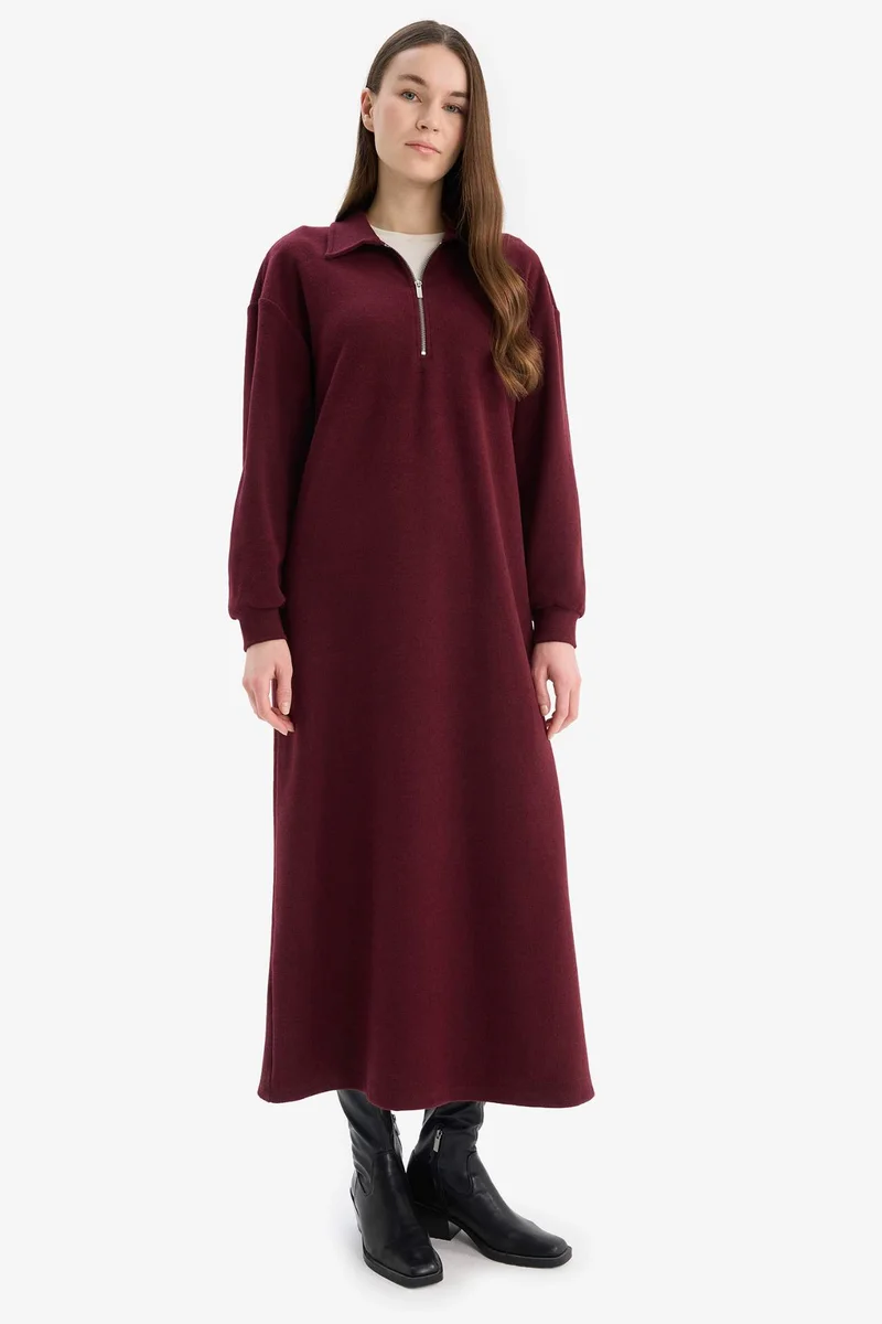 ديفاكتو Loose Fit Zippered Polo Collar Basic Midi Dress