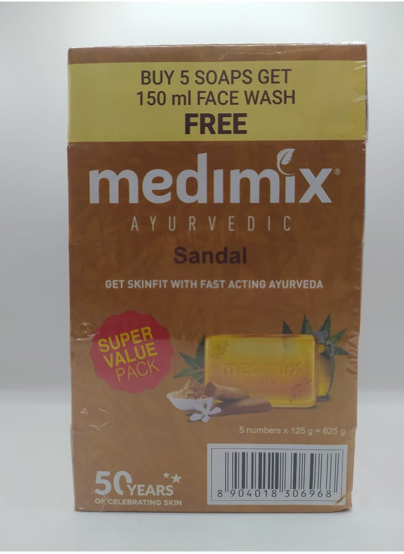 Medimix Medimix Sandal with Eladi Oil Bath Soap 125 grams x 5  with Natural Glow Face Wash 150 ml  - Image 1