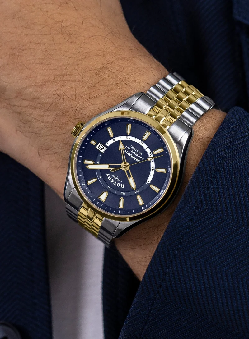 Rotary  Men's Seamatic 100 GMT Automatic Watch, 40 mm, Blue Dial, Two-Tone Steel Bracelet for Men | Best Price UAE