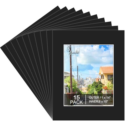 15 Pack 11x14 Black Picture Mats Frame Mattes for 8 x10 Pictures Display Photo Frame Mat Core Bevel Cut Mat Board Show Kit for Photos Prints Artworks