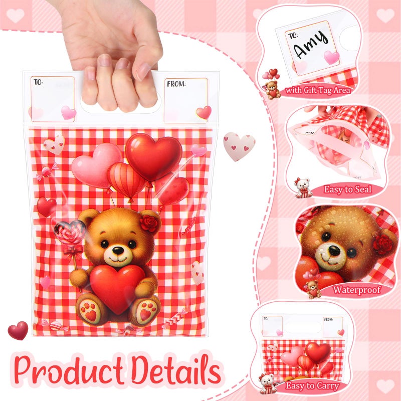 Pajean 25 Pack Valentine's Day Plastic Gift Bags with Handles 6.7x7.9 Inch Red Check Bear Candy Bags Galentines Day Treat Pouch with to from Labels for Classroom Galentines Party Favor Cookie Package - Image 3