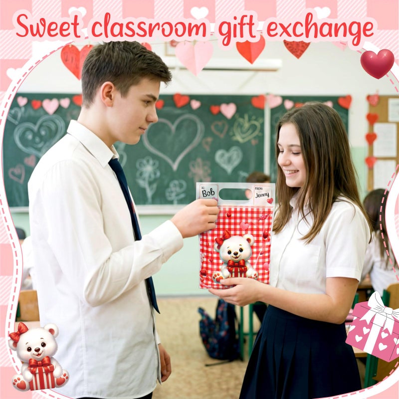 Pajean 25 Pack Valentine's Day Plastic Gift Bags with Handles 6.7x7.9 Inch Red Check Bear Candy Bags Galentines Day Treat Pouch with to from Labels for Classroom Galentines Party Favor Cookie Package - Image 5