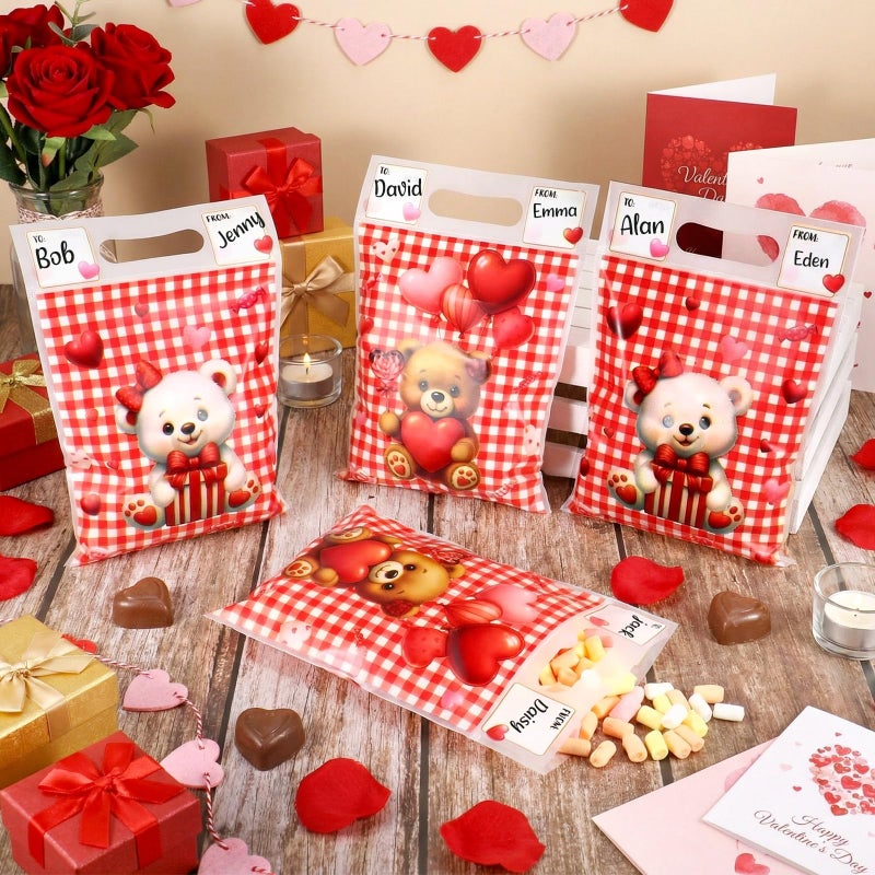 Pajean 25 Pack Valentine's Day Plastic Gift Bags with Handles 6.7x7.9 Inch Red Check Bear Candy Bags Galentines Day Treat Pouch with to from Labels for Classroom Galentines Party Favor Cookie Package - Image 4