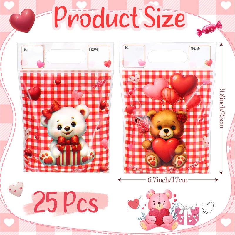 Pajean 25 Pack Valentine's Day Plastic Gift Bags with Handles 6.7x7.9 Inch Red Check Bear Candy Bags Galentines Day Treat Pouch with to from Labels for Classroom Galentines Party Favor Cookie Package - Image 2