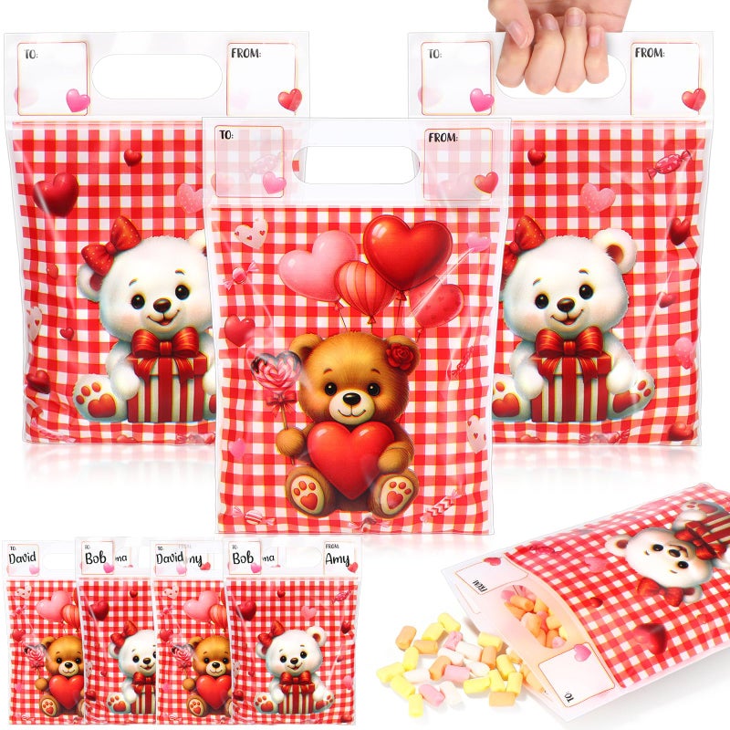 Pajean 25 Pack Valentine's Day Plastic Gift Bags with Handles 6.7x7.9 Inch Red Check Bear Candy Bags Galentines Day Treat Pouch with to from Labels for Classroom Galentines Party Favor Cookie Package - Image 1