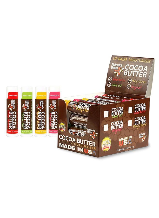 Nature's Bees Cocoa Butter Lip Balm Moisturizer, 24 Pack with 4 Flavors, Original, Shea Butter, Mango Butter, and Olive Oil, Made with Coconut Oil, Beeswax, Vitamin E and Aloe, 0.15 oz - Image 1