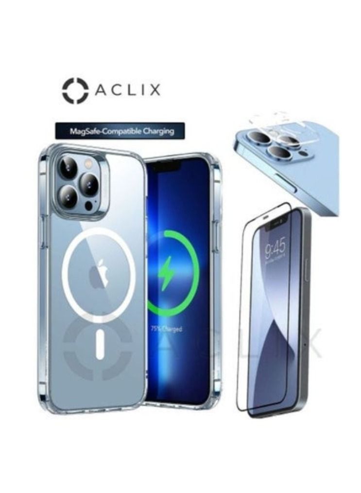 ACLIX 3in1 Shockproof Magsafe-Compatible Charging Case with 3D Tempered Glass Screen Protector & Camera Lens For iPhone 14 Pro Clear
