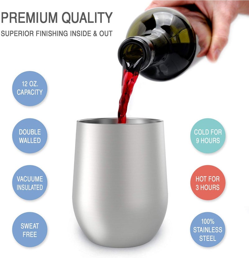 CHILLOUT LIFE Stainless Steel Wine Tumblers 4 Pack 12 oz - Double Wall Vacuum Insulated Wine Cups with Lids and Straws Set for Coffee  Wine  Cocktails - Stainless Steel - Image 2