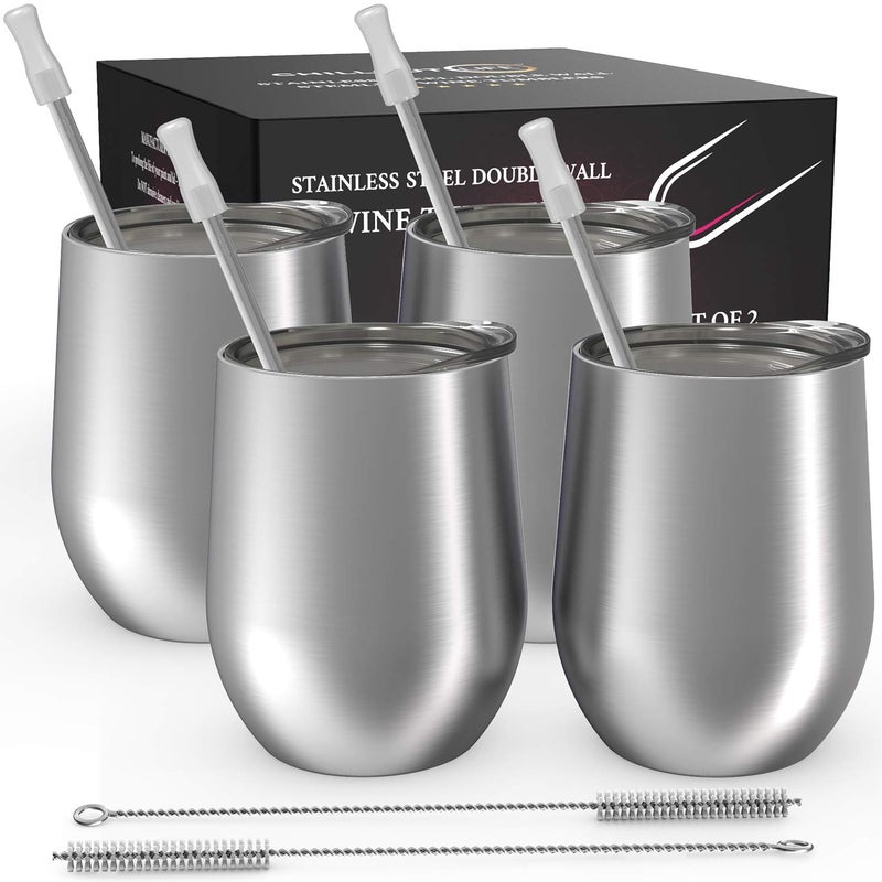 CHILLOUT LIFE Stainless Steel Wine Tumblers 4 Pack 12 oz - Double Wall Vacuum Insulated Wine Cups with Lids and Straws Set for Coffee  Wine  Cocktails - Stainless Steel - Image 1