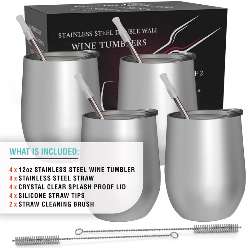 CHILLOUT LIFE Stainless Steel Wine Tumblers 4 Pack 12 oz - Double Wall Vacuum Insulated Wine Cups with Lids and Straws Set for Coffee  Wine  Cocktails - Stainless Steel - Image 4