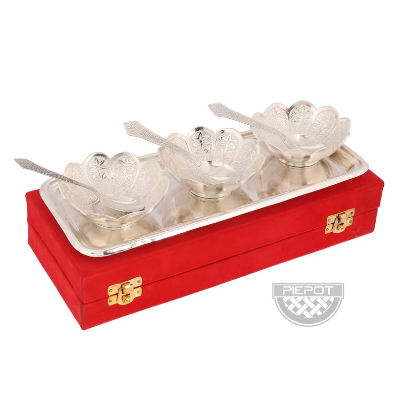 Piepot German Silver Bowl Set | Lotus Flower Bowls for Pooja | Pack of 7 Pcs Set | 3 Bowl, 3 Spoons, 1 Tray & Red Velvet Box | Silver, Red Velvet Box | Ideal for Diwali, Wedding & Corporate Gifting - Image 3