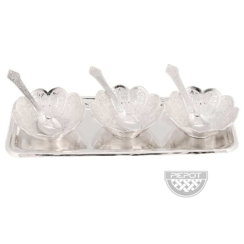 Piepot German Silver Bowl Set | Lotus Flower Bowls for Pooja | Pack of 7 Pcs Set | 3 Bowl, 3 Spoons, 1 Tray & Red Velvet Box | Silver, Red Velvet Box | Ideal for Diwali, Wedding & Corporate Gifting - Image 4