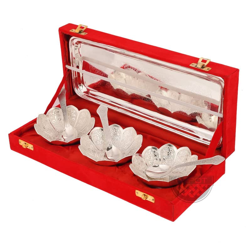 Piepot German Silver Bowl Set | Lotus Flower Bowls for Pooja | Pack of 7 Pcs Set | 3 Bowl, 3 Spoons, 1 Tray & Red Velvet Box | Silver, Red Velvet Box | Ideal for Diwali, Wedding & Corporate Gifting - Image 2