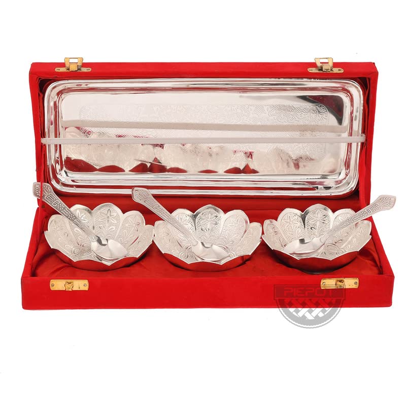 Piepot German Silver Bowl Set | Lotus Flower Bowls for Pooja | Pack of 7 Pcs Set | 3 Bowl, 3 Spoons, 1 Tray & Red Velvet Box | Silver, Red Velvet Box | Ideal for Diwali, Wedding & Corporate Gifting - Image 1