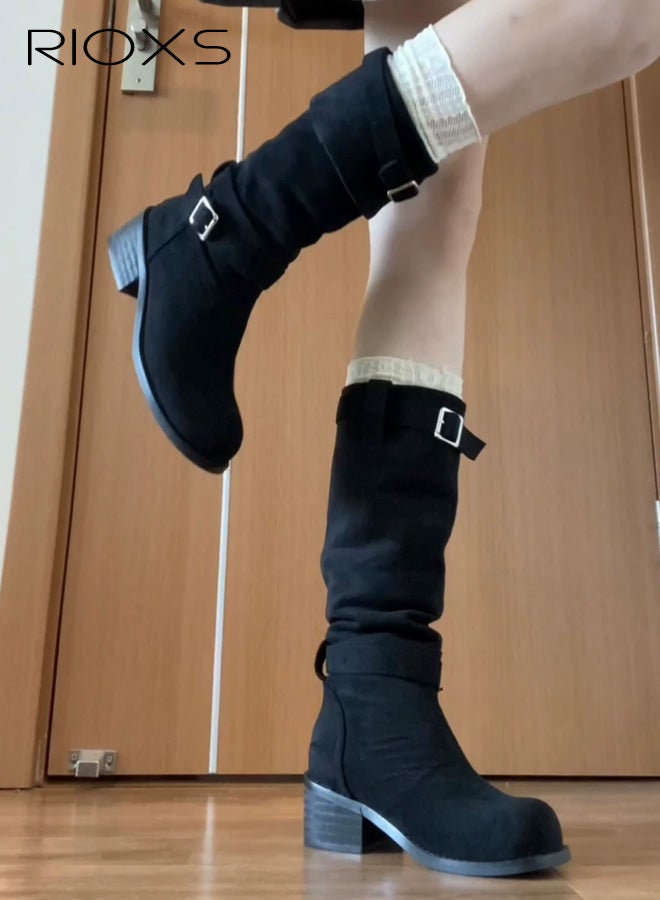 RIOXS Women's Knee High Boots, Casual Slouchy Boots, Square Toe Pull On Boots for Women, Chunk-Heeled Tall Boot, Lady's Platform Boot Knight Booties, Fashion Tosh Boot for Ladies, Black Boots Womens Footwear - Image 1