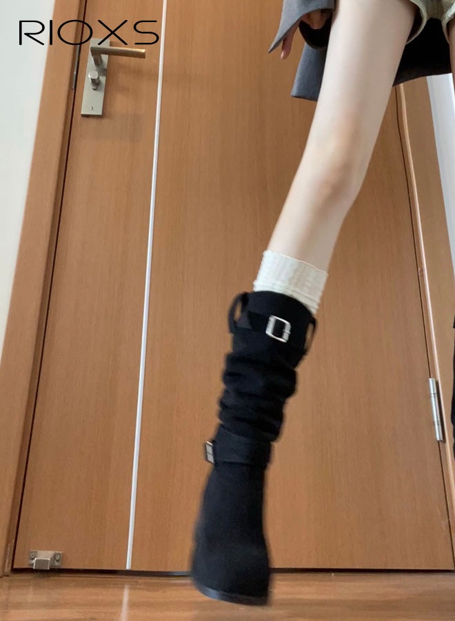 RIOXS Women's Knee High Boots, Casual Slouchy Boots, Square Toe Pull On Boots for Women, Chunk-Heeled Tall Boot, Lady's Platform Boot Knight Booties, Fashion Tosh Boot for Ladies, Black Boots Womens Footwear - Image 3