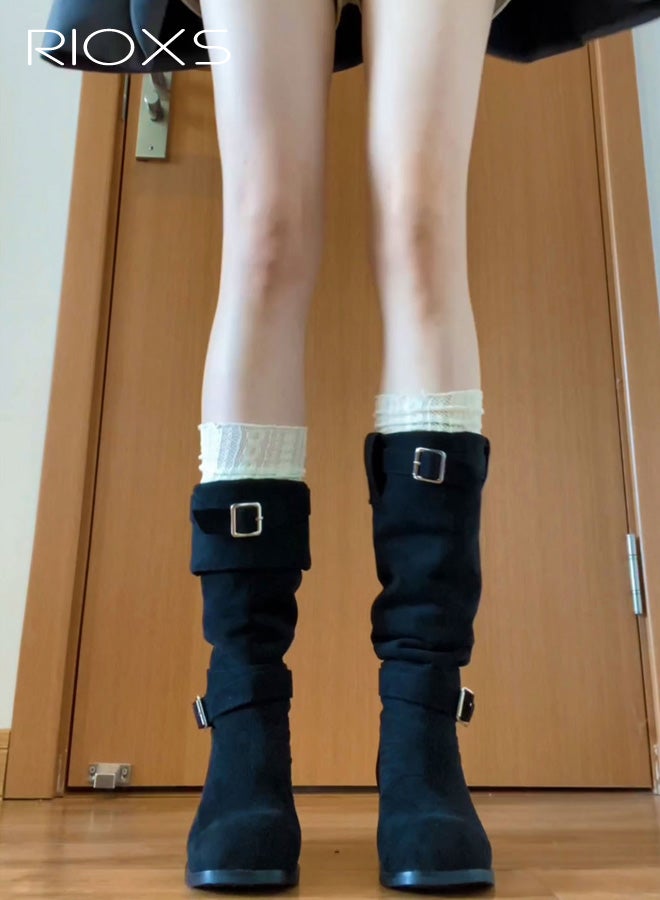 RIOXS Women's Knee High Boots, Casual Slouchy Boots, Square Toe Pull On Boots for Women, Chunk-Heeled Tall Boot, Lady's Platform Boot Knight Booties, Fashion Tosh Boot for Ladies, Black Boots Womens Footwear - Image 2