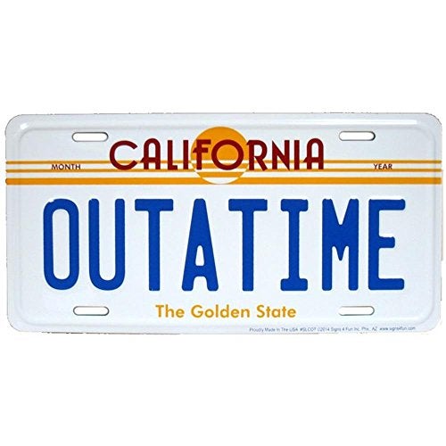 Signs 4 Fun Parody License Plate | Outatime | 12” x 6” Decorative License Plate | Decoration Plate for Vehicle/Wall | Man Cave Decorations | Made in The USA - Image 1