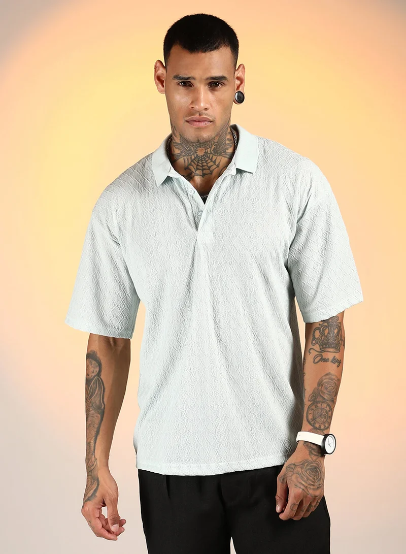 Campus Sutra Men's Baby Blue Rhombus-Textured Polo T-Shirt