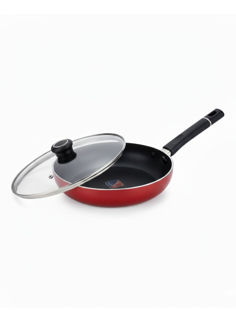British Chef Nonstick Flat Fry Pan with lid Red/Black 24CM - Image 1
